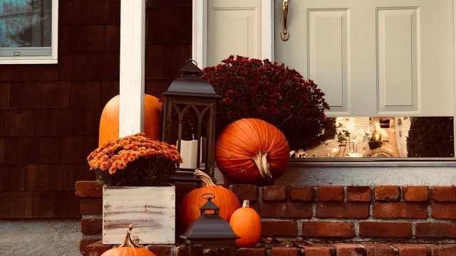pumpkins up a walkway to a house